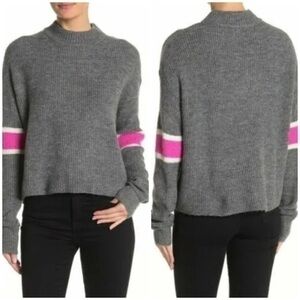 John & Jenn Varsity Stripe Mockneck Rib Knit Sweater in Slate Gray and Hot Pink